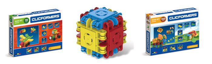 Коробки с наборами CLICFORMERS и собранный кубик, основа большинства моделей