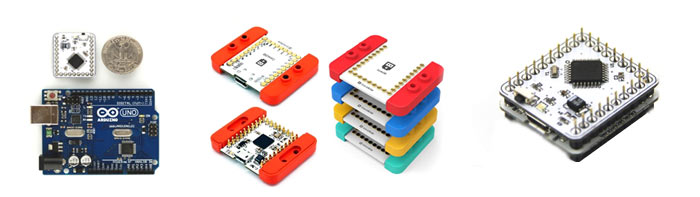 Сравнение размеров Microduino и Arduino, cостыкованные Microduino и контроллеры формата mCookies
