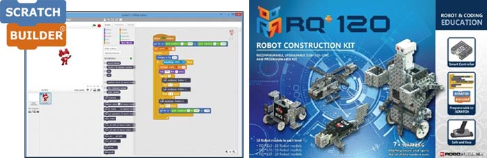 Коробка с набором ROBOBUILDER RQ 120 и окно редактора программирования