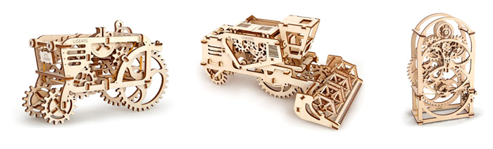 Образцы моделей конструктора Ugears : трактор, комбайн и таймер