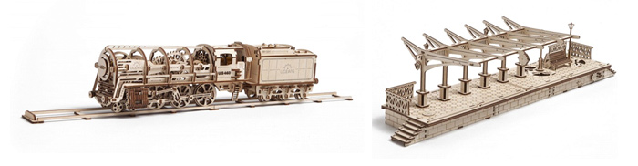 Образцы моделей конструктора Ugears: локомотив с тендером и перрон